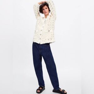 ZARA Size L Woven Textured Cream Cardigan with Bejewelled Buttons